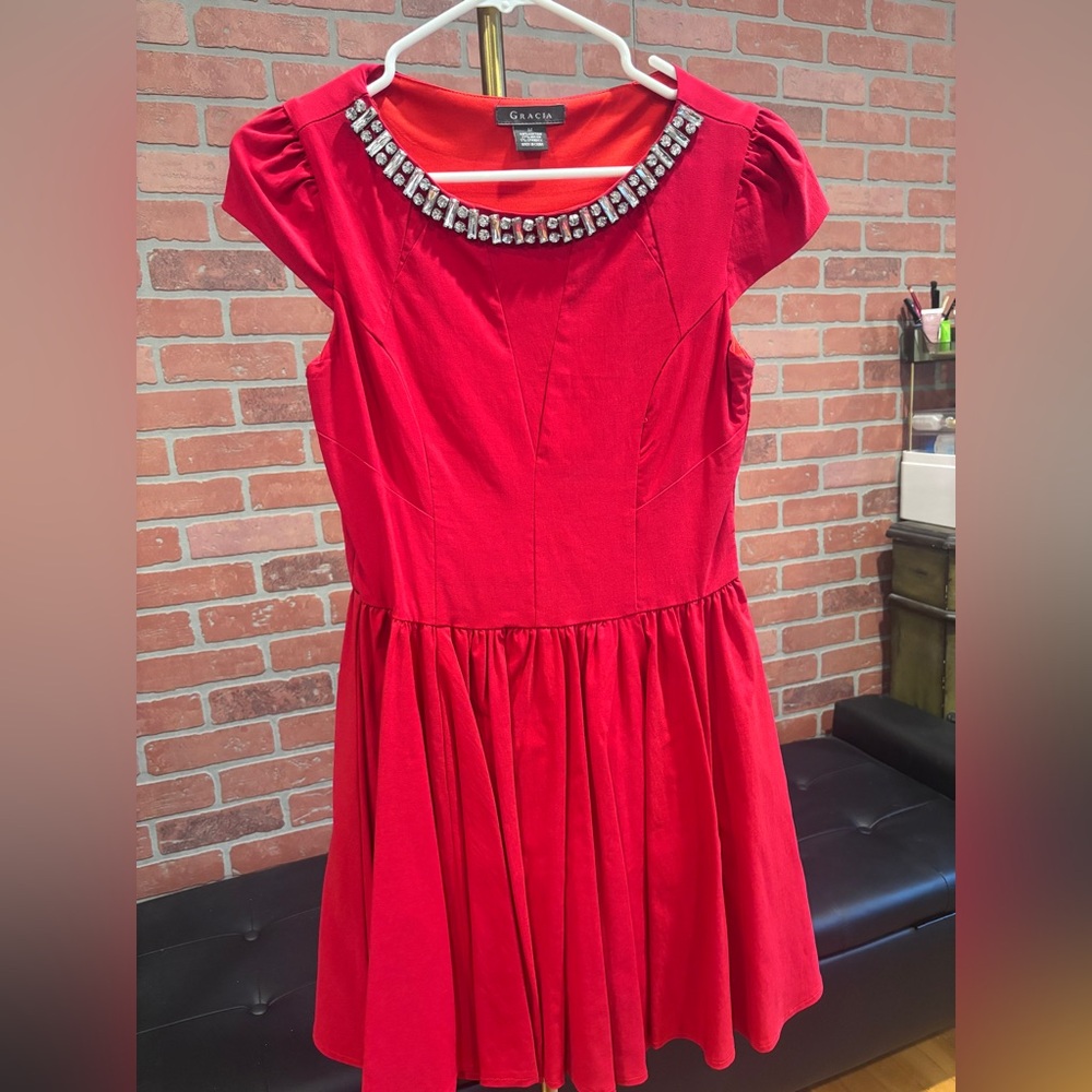 Gracia Girls Ruby Red Jewel-Neck Fit & Flare Dress - M